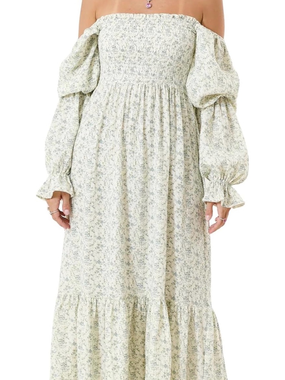 Smocked Off-Shoulder Maxi Dress in Pale Floral